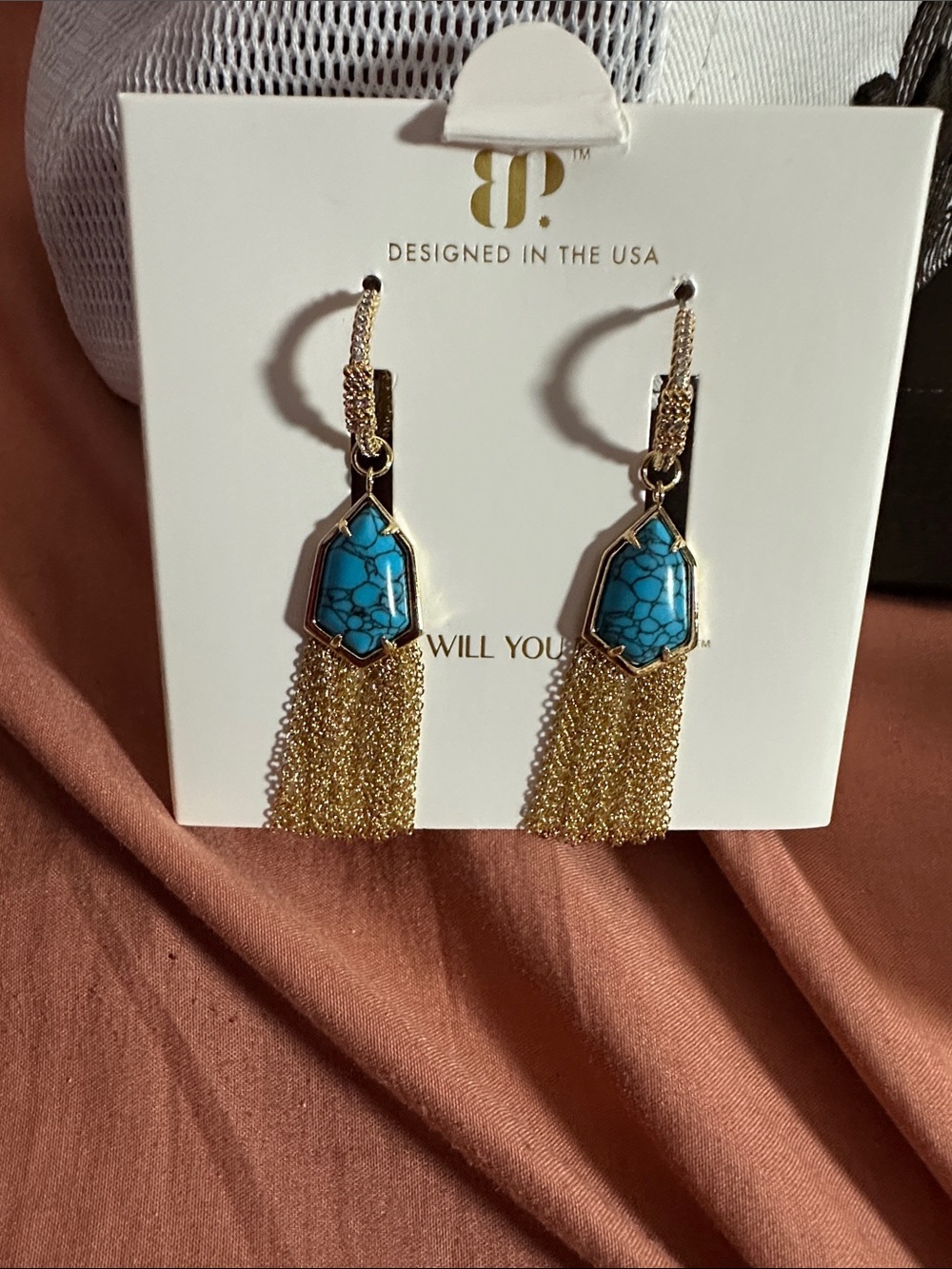 bp Gold Tassel Earrings with Turquoise Stones